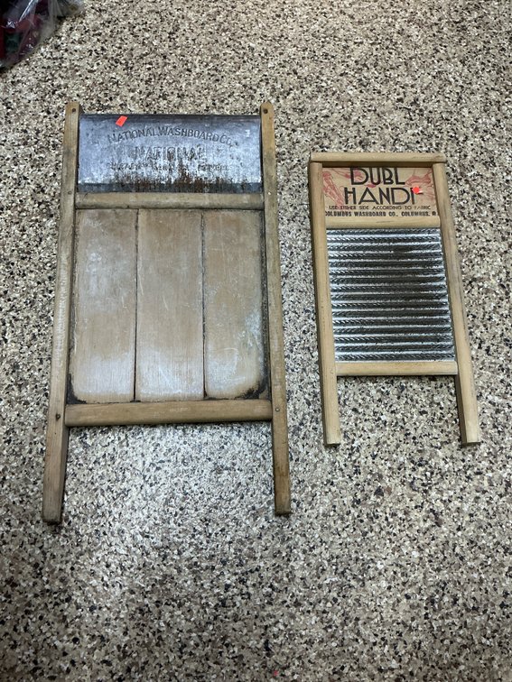 Pair of wood-frame corrugated metal washboards