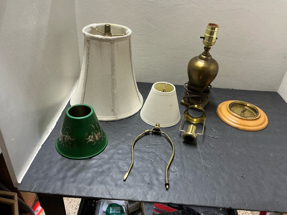 Brass table lamp, lampshades & dial thermometer