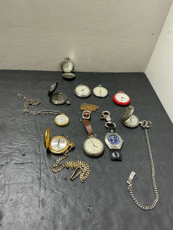 Grouping of pocket & clip watches with chains