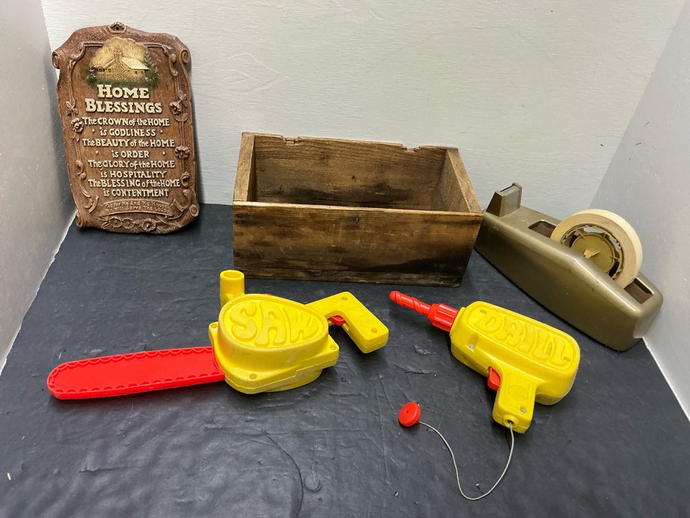 Wooden crate, wall plaque, tape dispenser & toy tools