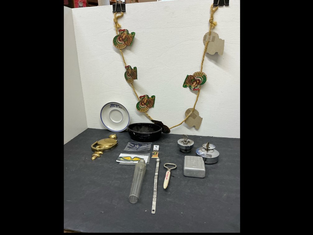 Grouping of locking gas caps, door knocker, dishes & more