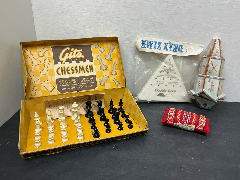 Grouping of chess set, peg game, wall pocket & pillow