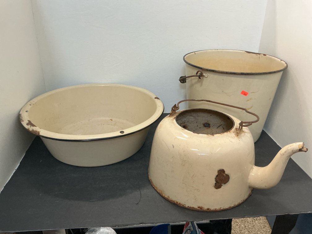 3 cream enamelware pieces: wash basin, kettle & bucket