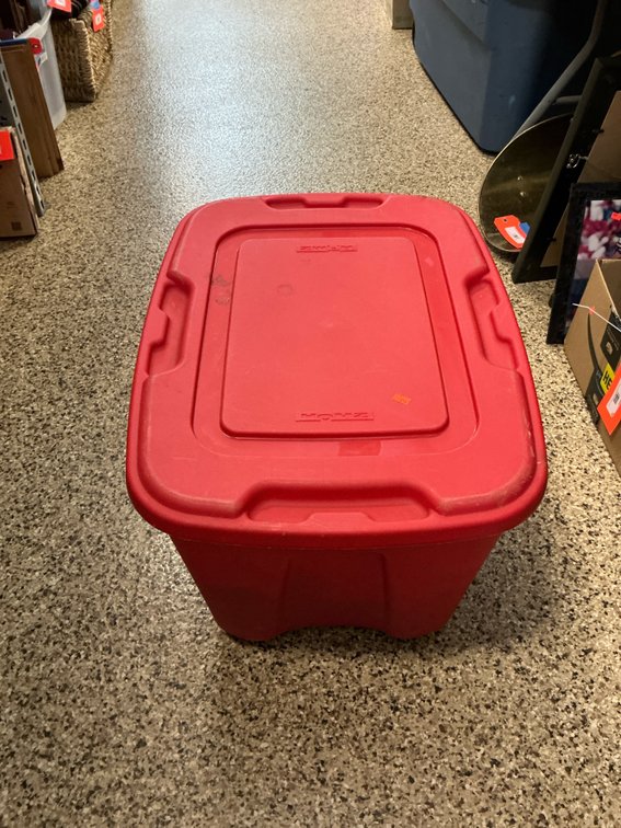 Red storage tote with craft & holiday ribbon