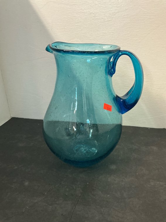 Aqua seeded glass pitcher with applied handle