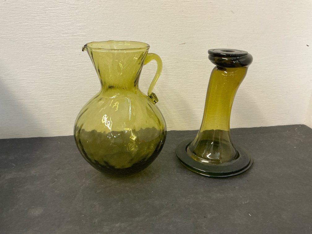 Olive green glass pitcher & candlestick