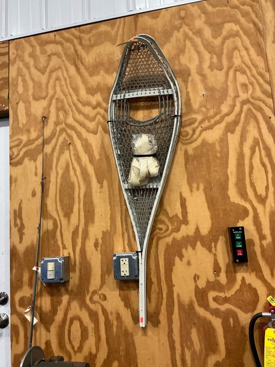Pair of white metal wire-mesh snowshoes