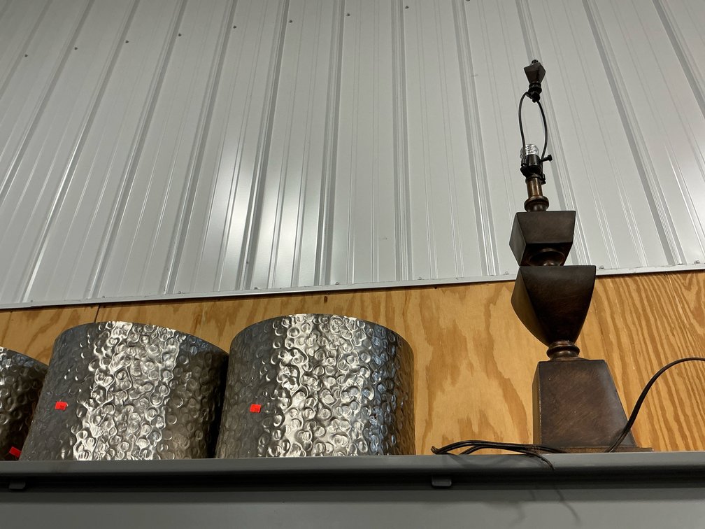 Table lamp base & 2 hammered metal drum lampshade