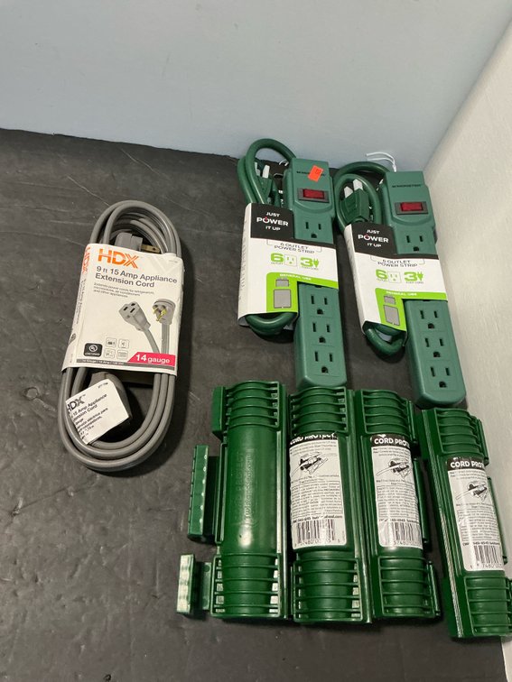 Grouping of power strips, appliance cord & cord protectors