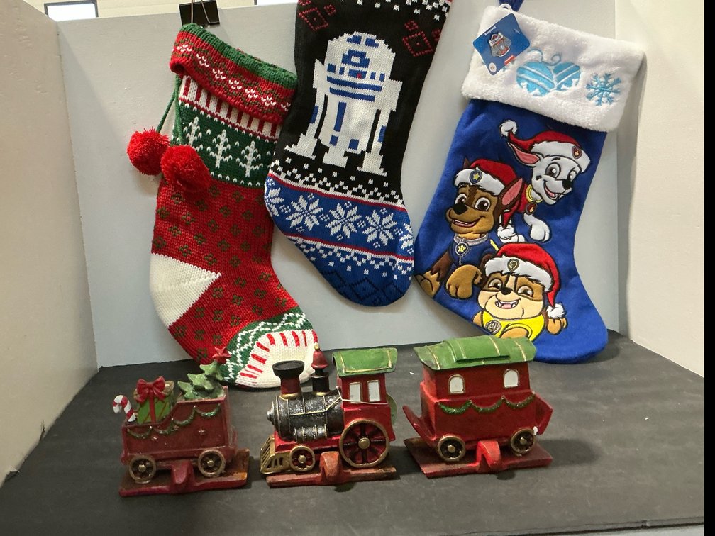3 Christmas stockings & 3 train stocking holders