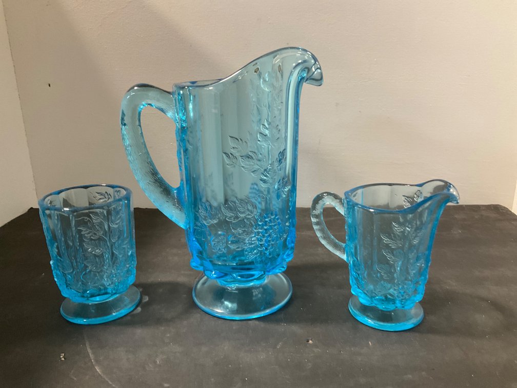 Westmoreland blue pressed glass pitcher, creamer & tumbler