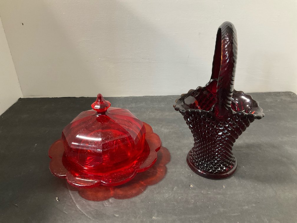 Ruby red glass covered dish & hobnail basket