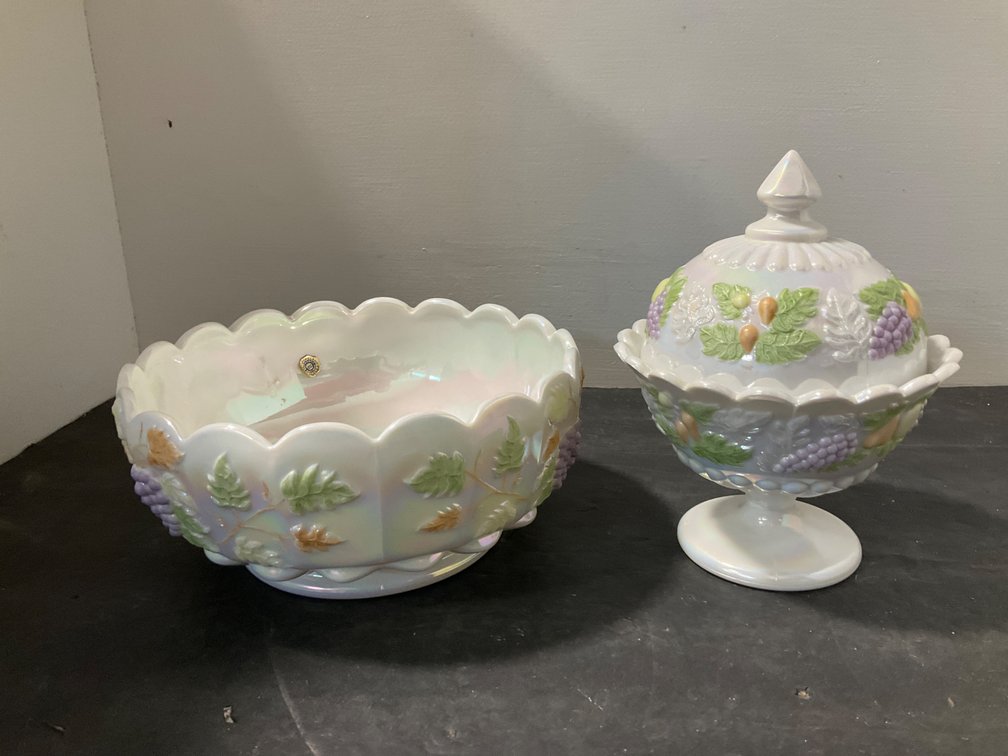Iridescent white glass bowl & covered compote