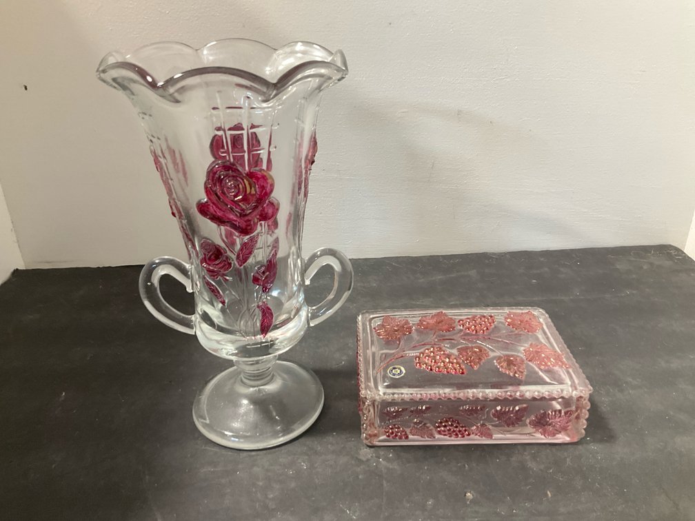Ruby-stained pressed glass vase & grape lidded box
