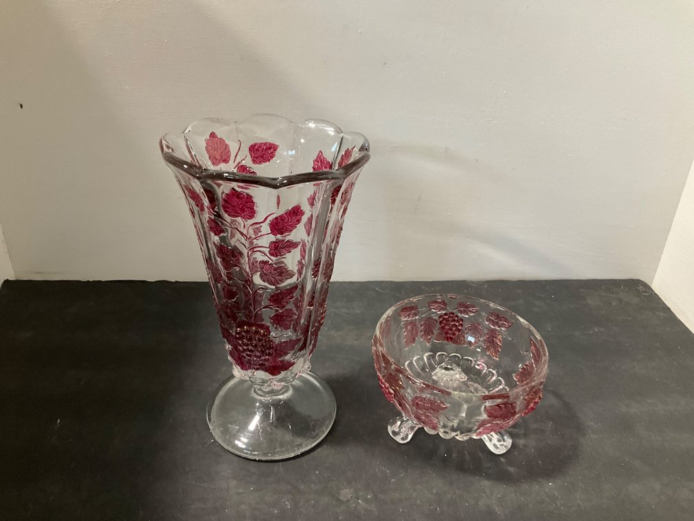 Ruby-stained pressed glass vase & footed bowl