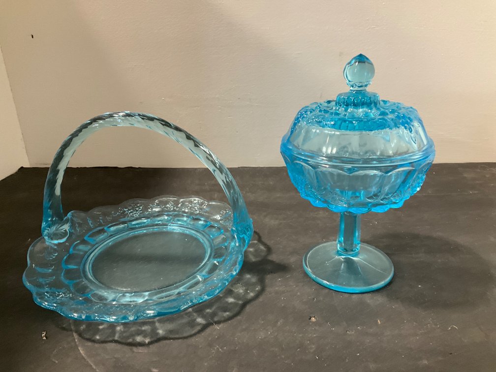 Westmoreland Light blue pressed glass basket & covered compote