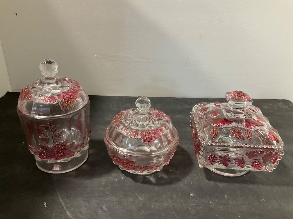 Weatmoreland ruby-stained grape motif covered dishes