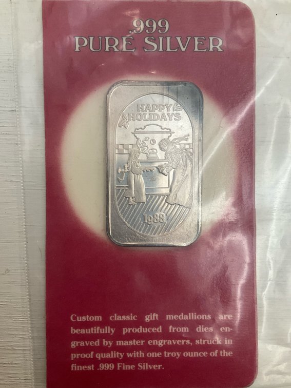 1988 Happy Holidays 1 oz .999 pure silver bar