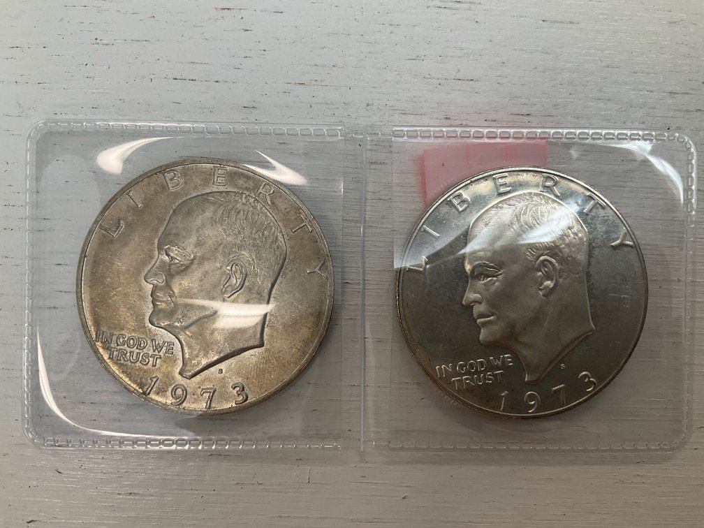 Pair of 1973 Eisenhower dollar coins, D & S 40% Silver