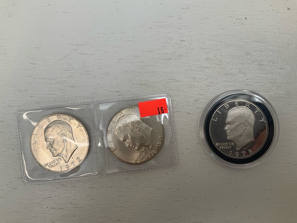 3 Eisenhower dollar coins, 1972, 1776-1976 & 1978-D (2x40% silver & a proof)