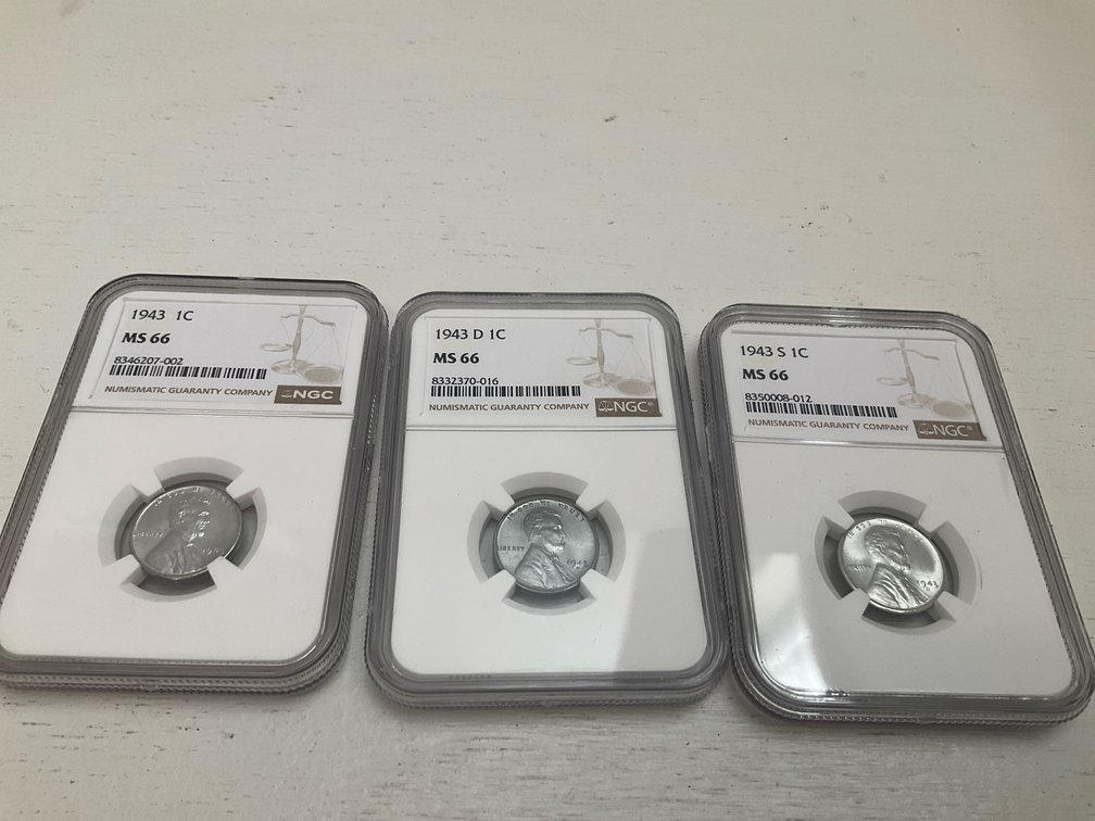 3 NGC MS 66 1943, 1943-D & 1943-S Lincoln steel cents