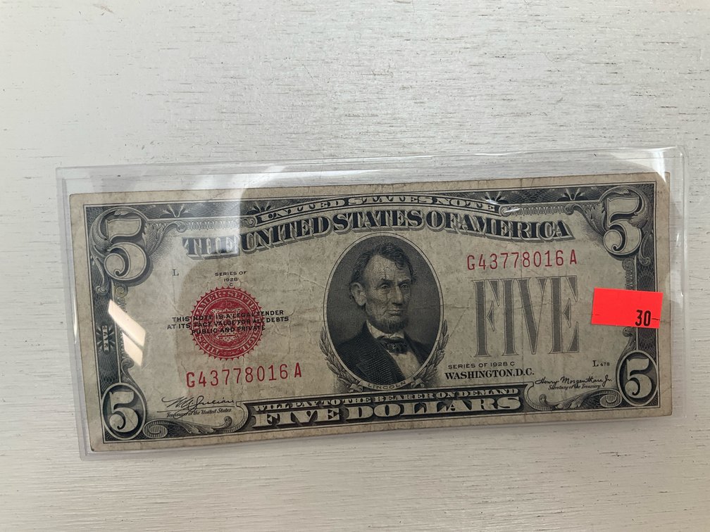 Series 1928 C US five dollar red seal note