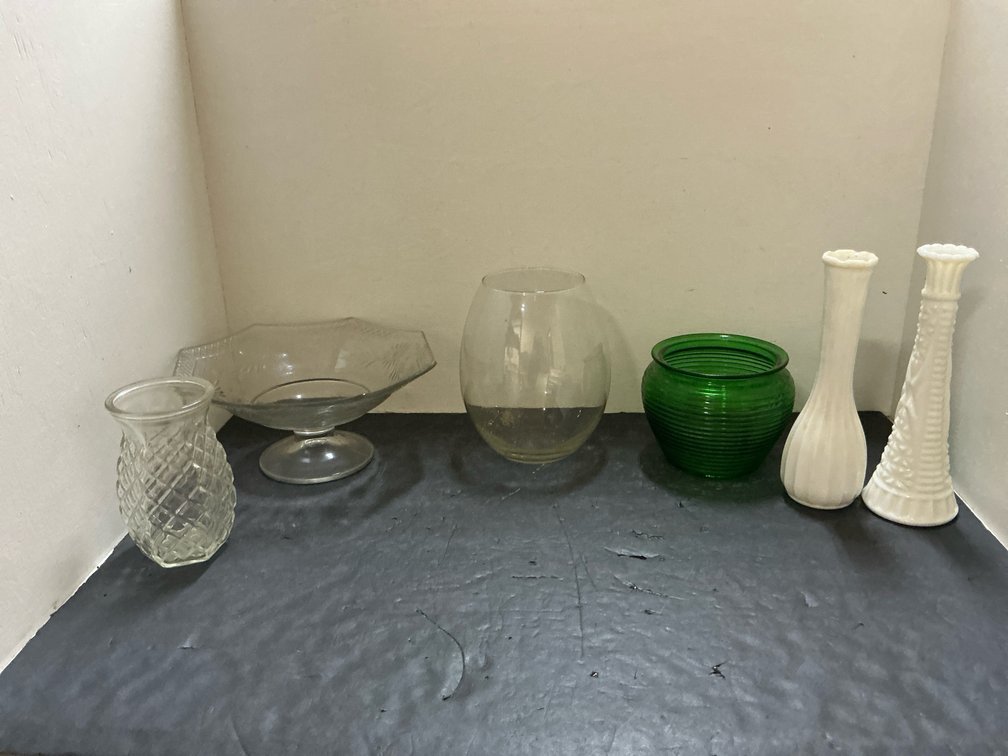 Grouping of clear, green & milk glass vases & bowls