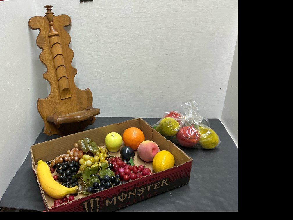 Carved wood wall shelf & artificial fruit