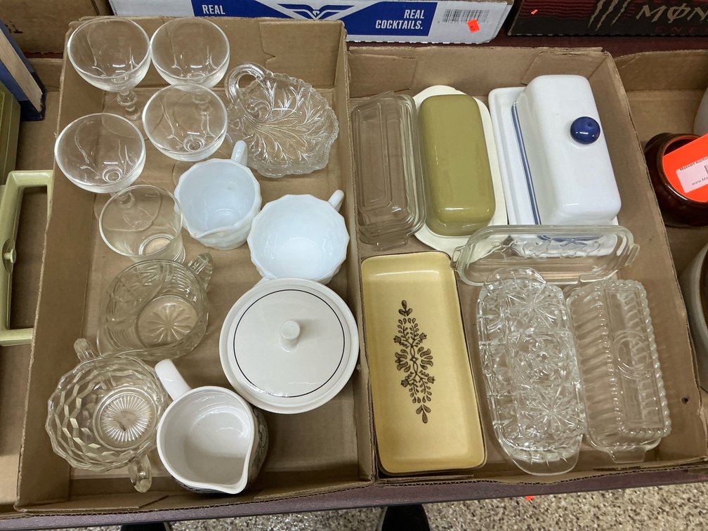 2 boxes of Assorted glassware, butter dishes & ceramic tableware