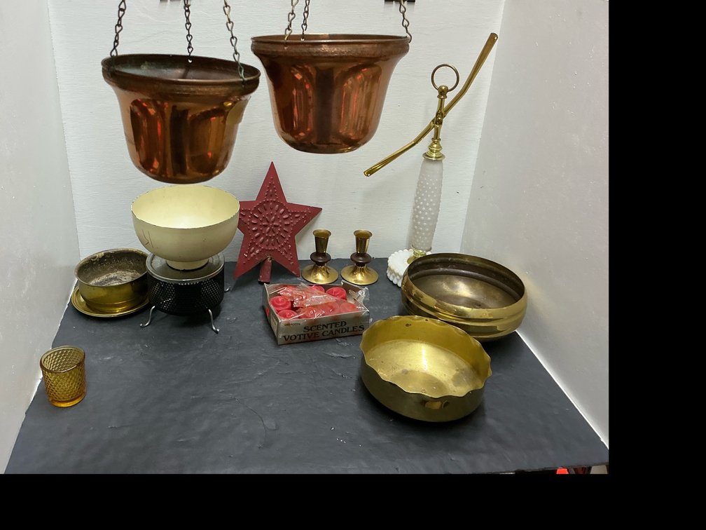 2 boxes with Assorted brass & copper home decor with glassware