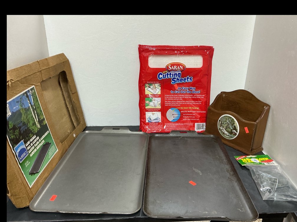 Grouping of camp griddles, wood caddy & accessories