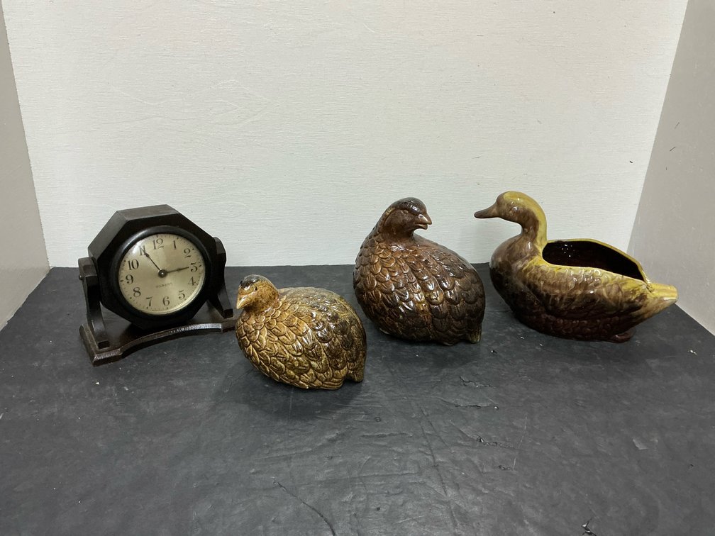 Wood swivel desk clock, ceramic quail & duck planter
