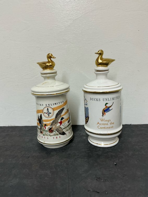 2 Ducks Unlimited ceramic decanters with duck stoppers