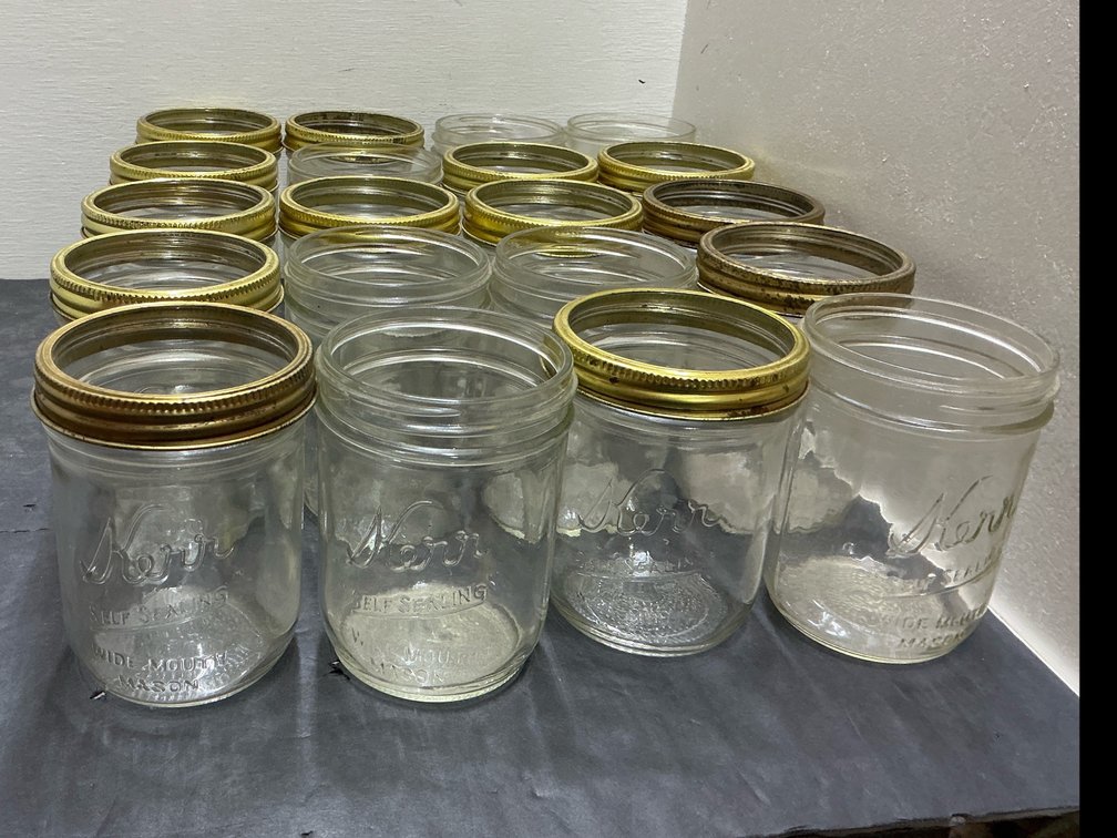 Kerr wide mouth glass mason jars with metal bands