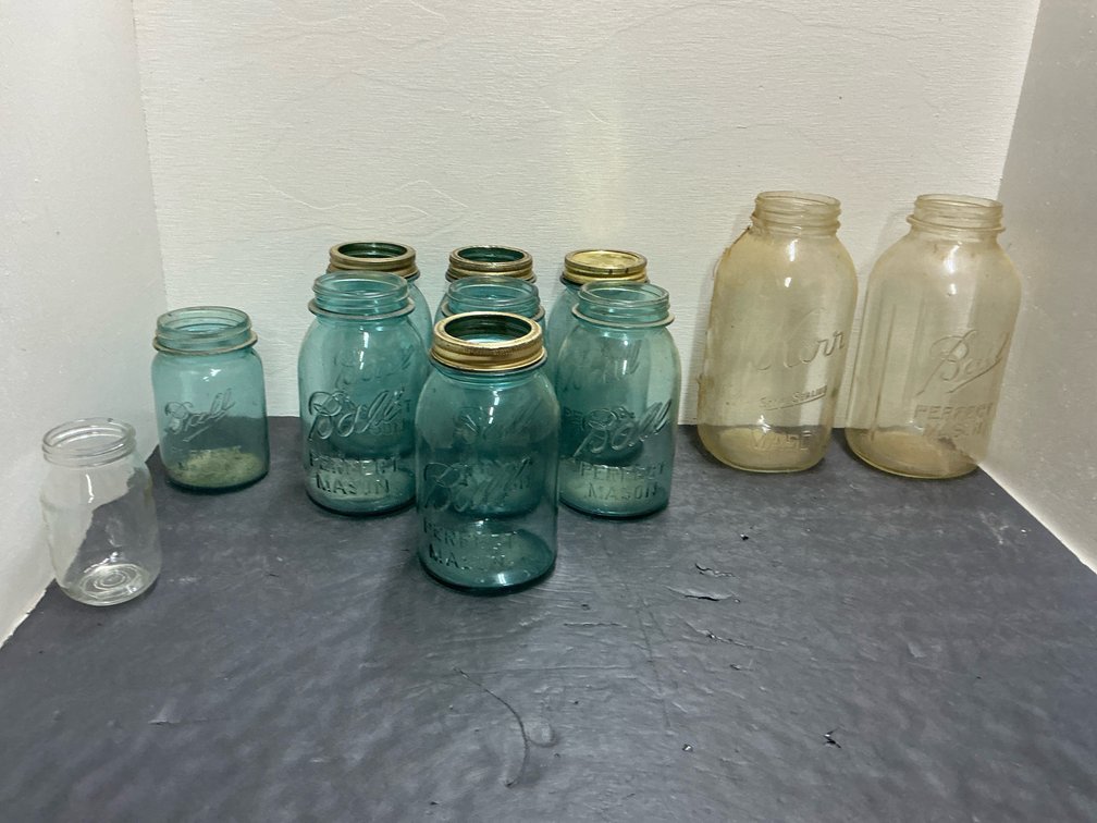 Ball & Kerr aqua and clear glass canning jars