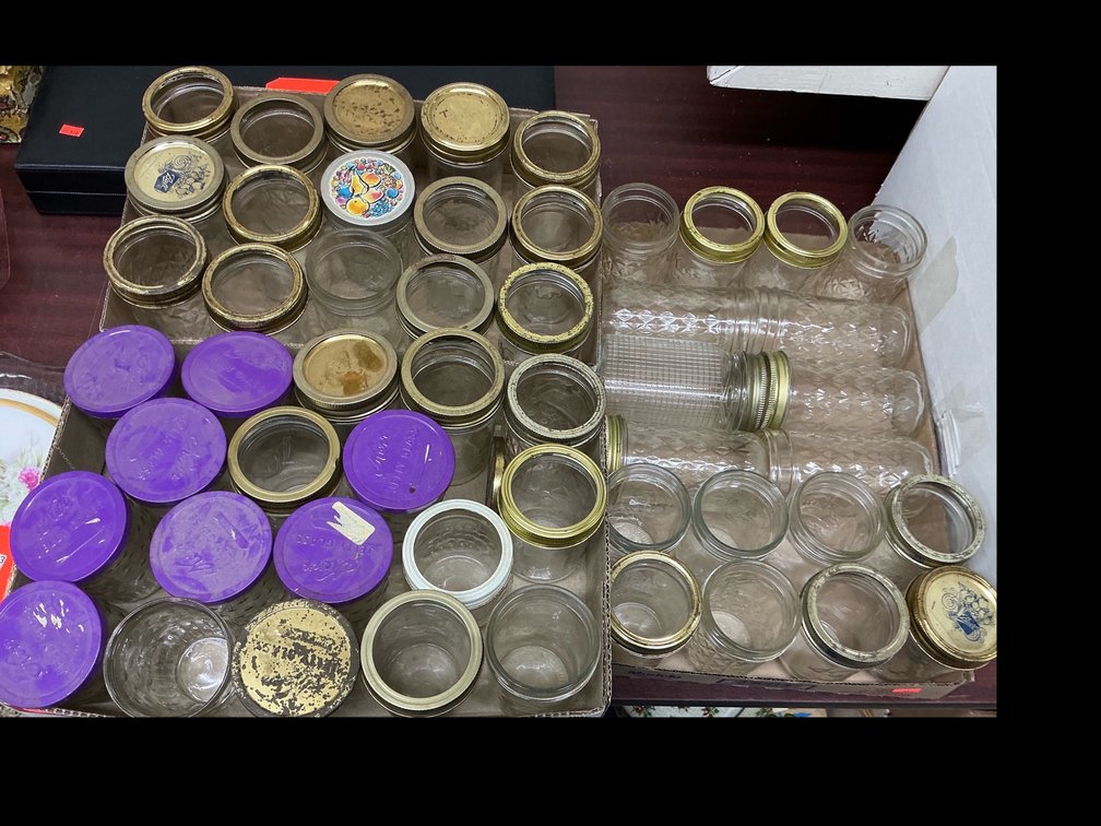 Grouping of glass canning & jelly jars with lids