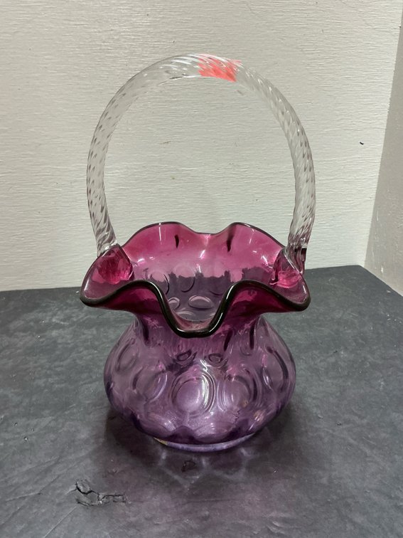 Amethyst Fenton coin dot glass basket with clear twisted handle