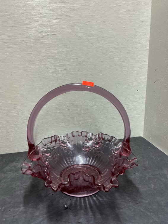 Fenton Pink pressed glass basket with ruffled rim & handle