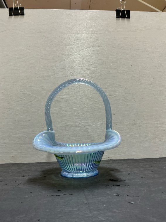 Fenton light blue iridescent glass basket