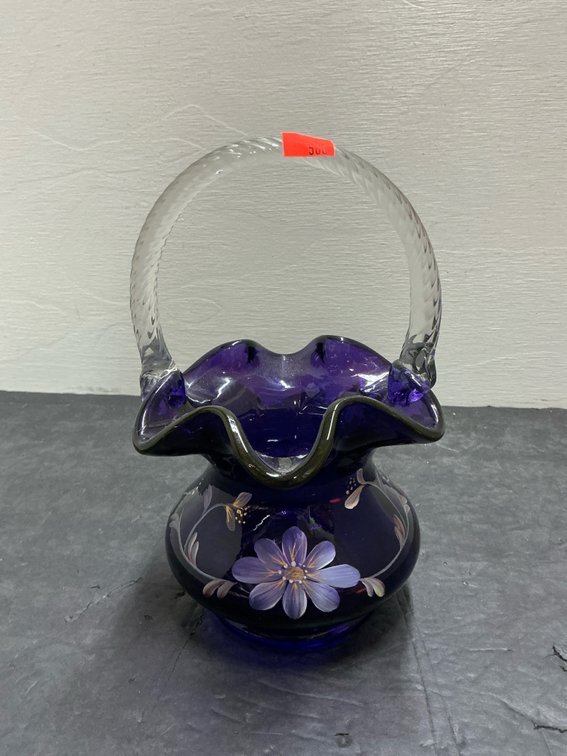 Purple Fenton glass basket with clear twisted handle