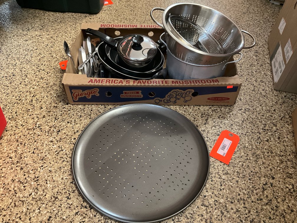 Assorted cookware, colander & flatware grouping