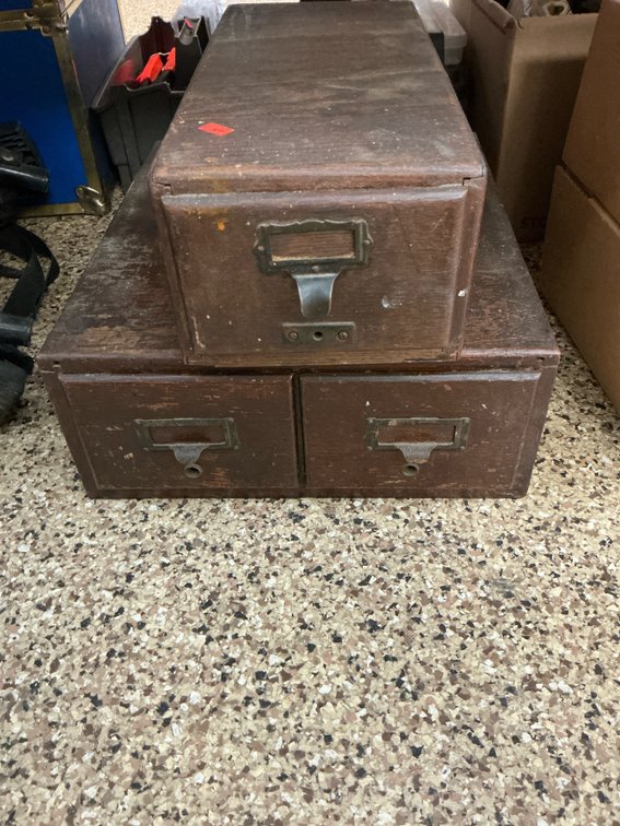2 wood card catalog drawer units with metal pulls