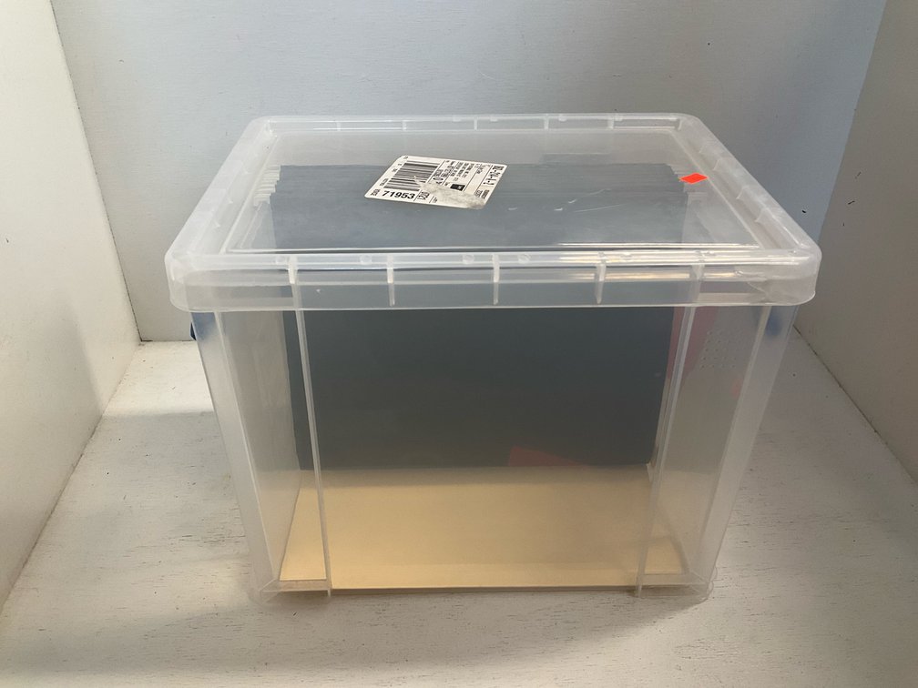 Clear plastic file box with lid & hanging folders