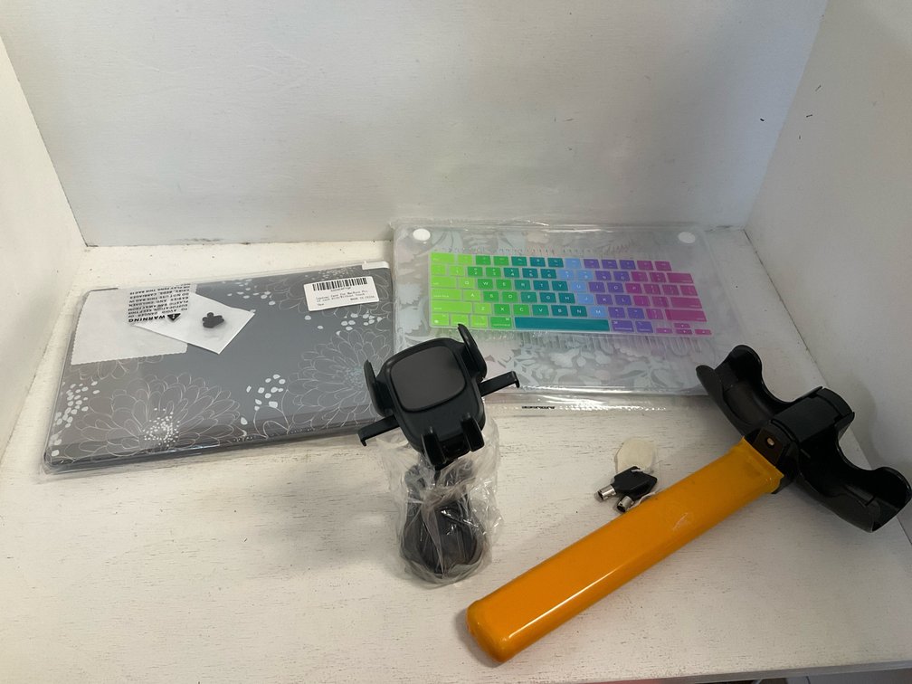 Steering wheel lock, laptop cases & car phone mount