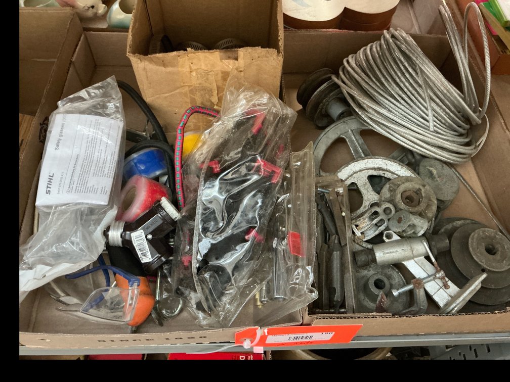 2 boxes-assorted pulleys, wire cable & shop hardware