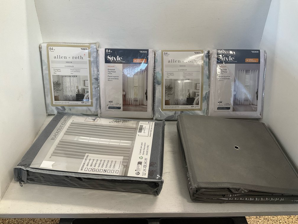 Assorted curtain panels & fabric storage bin