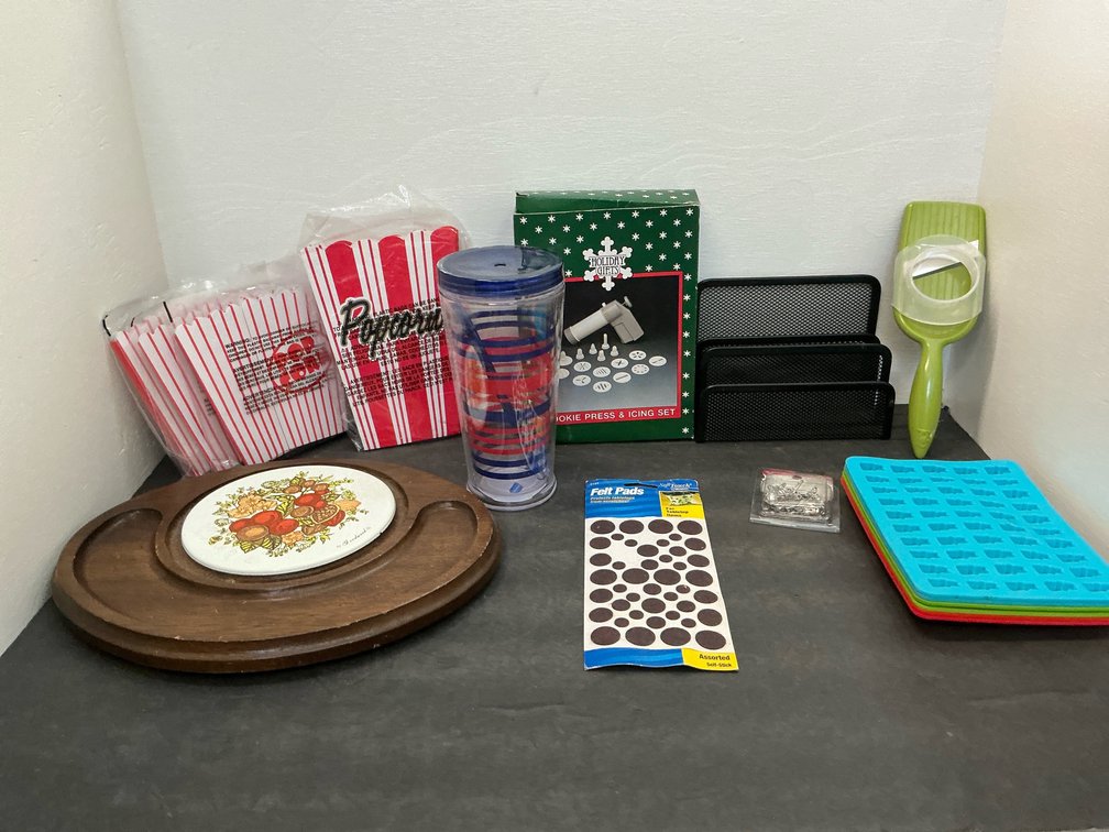 Wood serving tray, cookie press, tumbler & more
