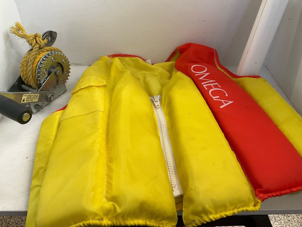 Life vest, manual hand winch & Great Lakes Fishes poster
