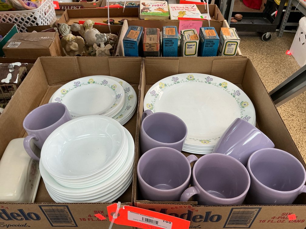 2 boxes-assorted floral dinnerware, mugs & covered butter dish