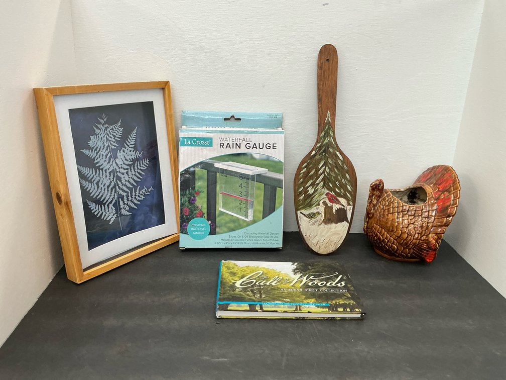 Grouping of home decor items with rain gauge & print